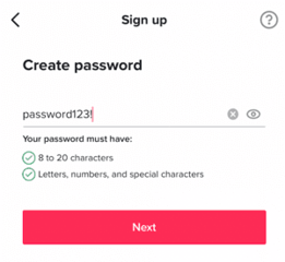 TikTok Password criteria