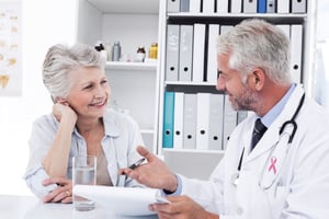 Pink awareness ribbon against female senior patient visiting a doctor