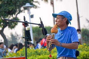 Man playing music outside in a park