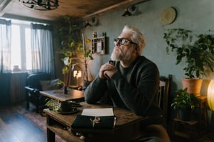 older man alone at desk thinking and writing