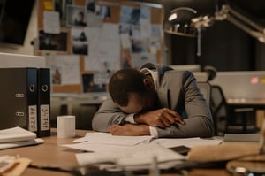 older man taking a nap at his desk 