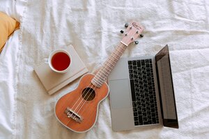ukulele and laptop on bed