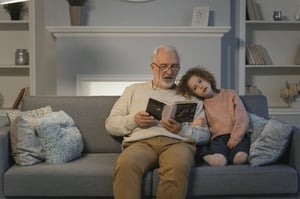 grandfather sharing photos and stories of travel with granddaughter