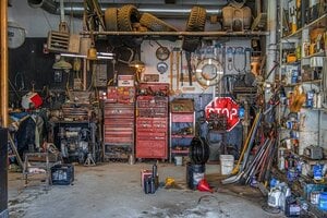 Clutter in garage shop area