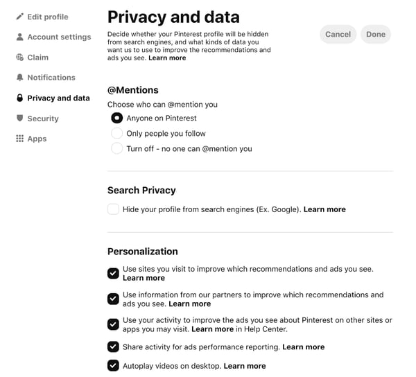 Pinterest - Privacy and data